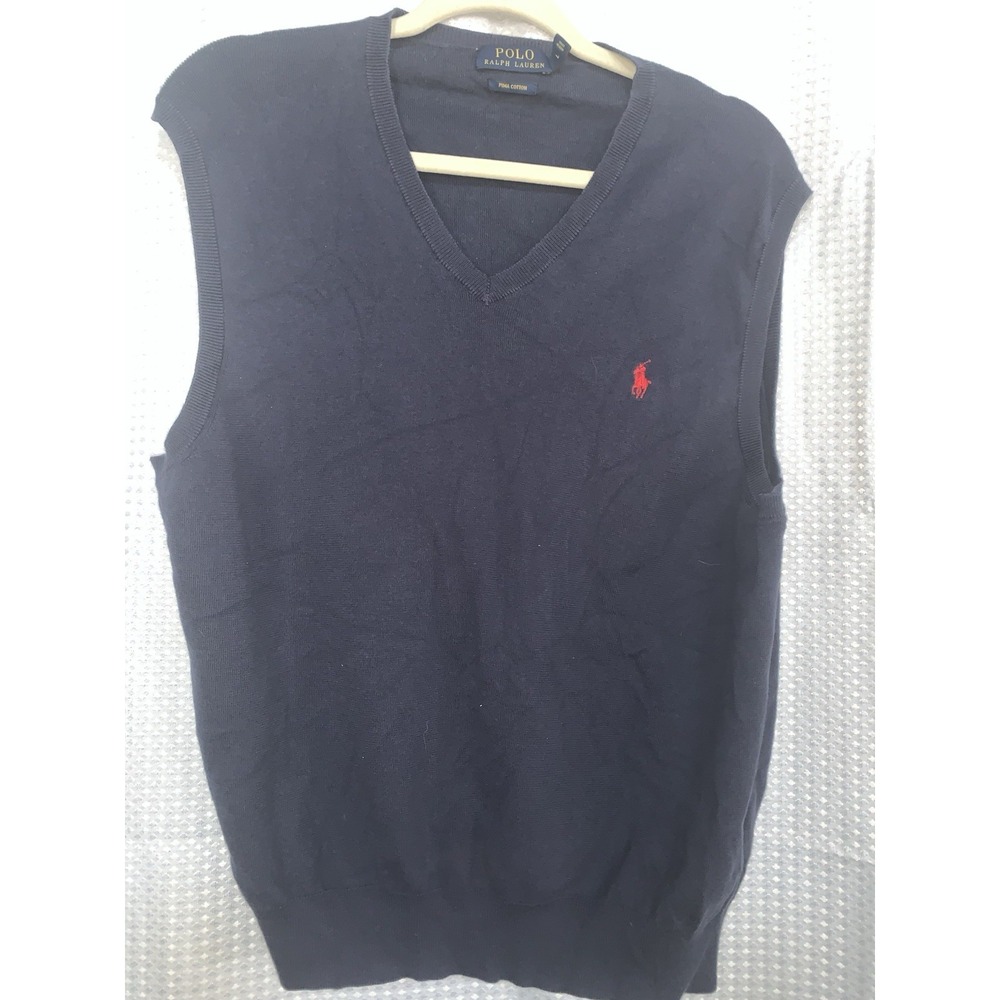 POLO RALPH LAUREN NAVY BLUE MEN'S V-NECK PIMA‎ COTTON SWEATER VEST SZ LARGE